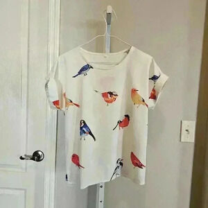 Cute Bird Print Short Sleeve Top - Small
